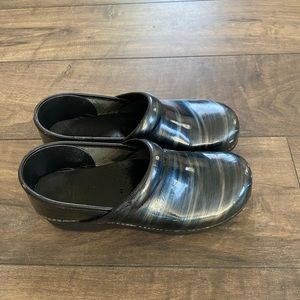 Blue and silver stripe Dansko clogs